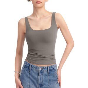 Alljoin Womens Gray Double Lined Square Neck Sleeveless Tank Top For Workout Gym